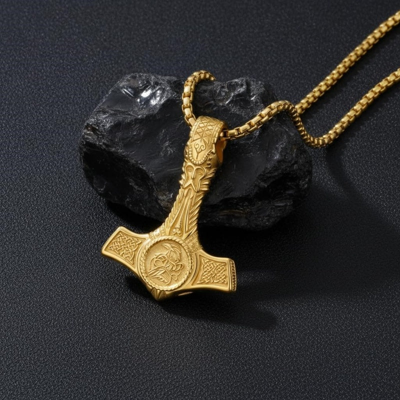 14K Gold Plated Celtic Knot Viking Thor Hammer Pendant Necklace