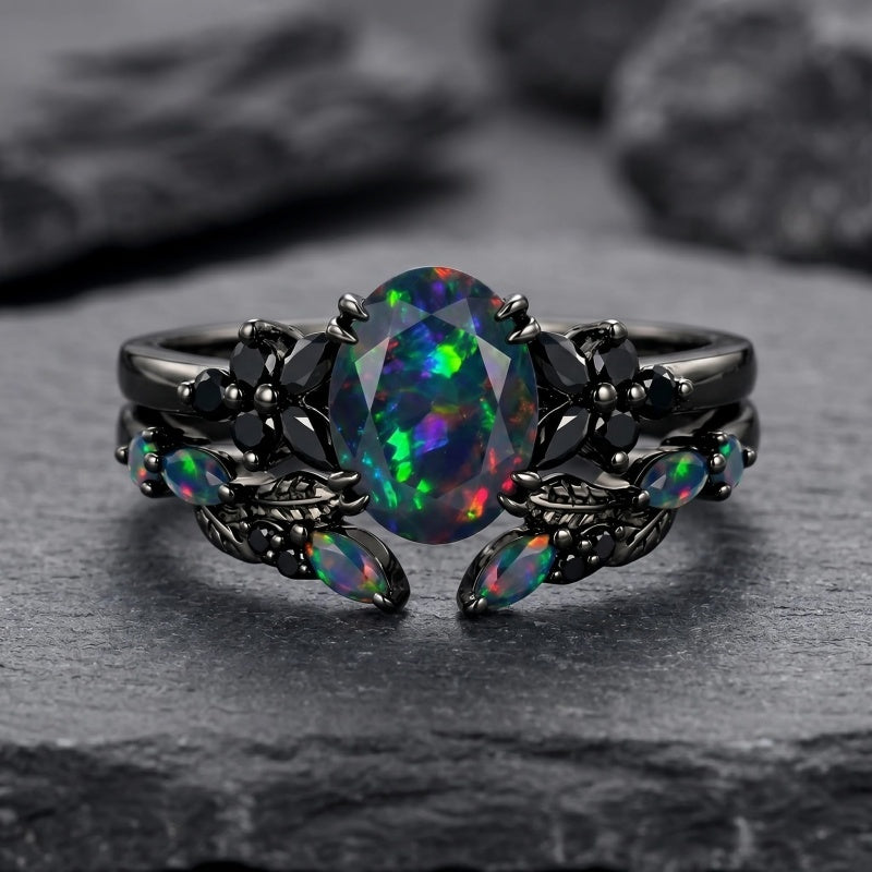 Sterling Silver 10K  14K  18K  Gold Personalized Engraved Black Opal Engagement Wedding Promise Ring for Her