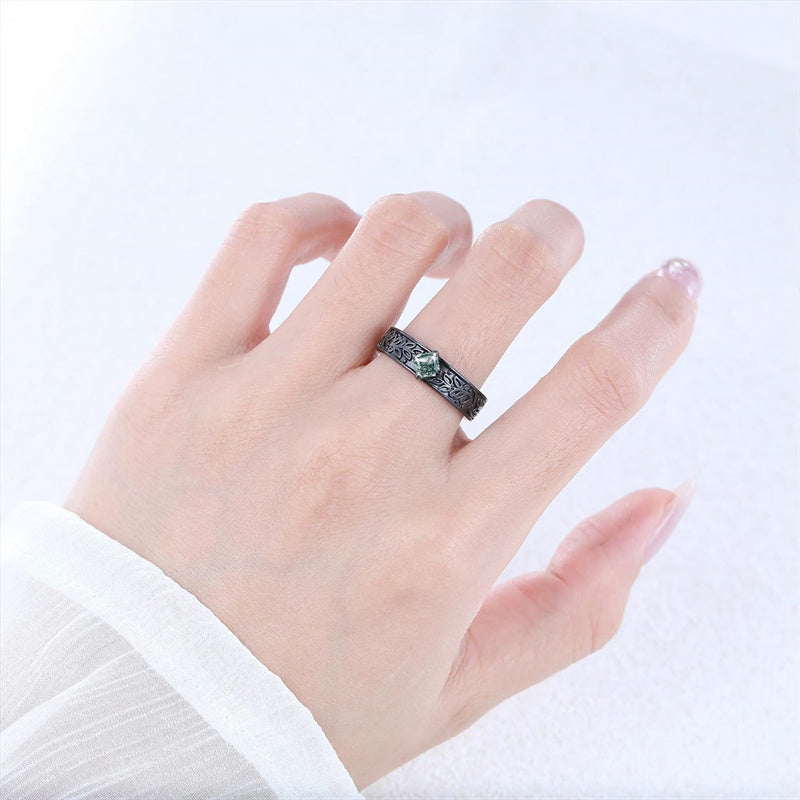 Sterling Silver 10K 14K 18K Gold Natural Leaf  Moss Agate Engagement Anniversary Couple Ring Sets