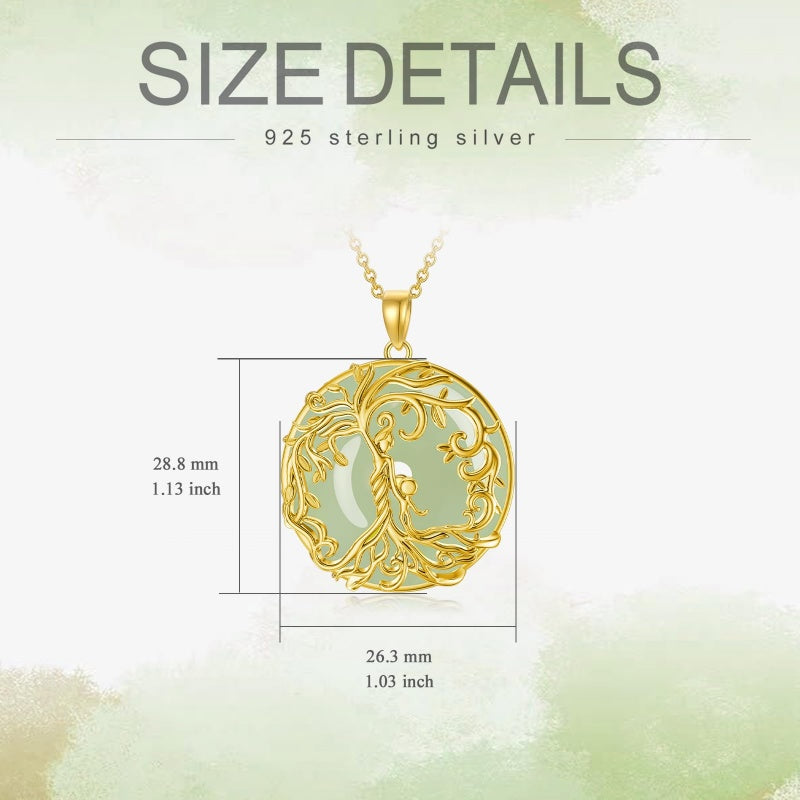 14k Gold Plated Sterling Silver Round Jade Tree of Life Necklace Good Fortune Jewelry for Women