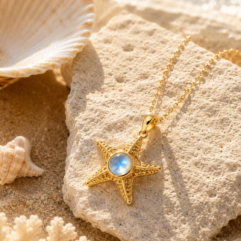 14K Gold Plated Moonstone Octopus Sea Turtle Conch Shell Starfish Seashell Ocean Necklace for Women