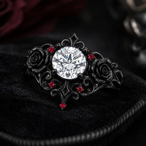Sterling Silver 10K 14K 18K Gold Moissanite Gothic Black  Engagement Wedding Ring  for Women