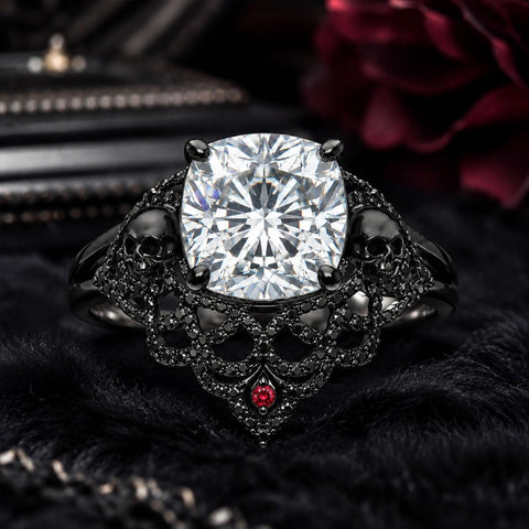 Sterling Silver 10K 14K 18K Gold Moissanite Gothic Black  Engagement Wedding Ring  for Women