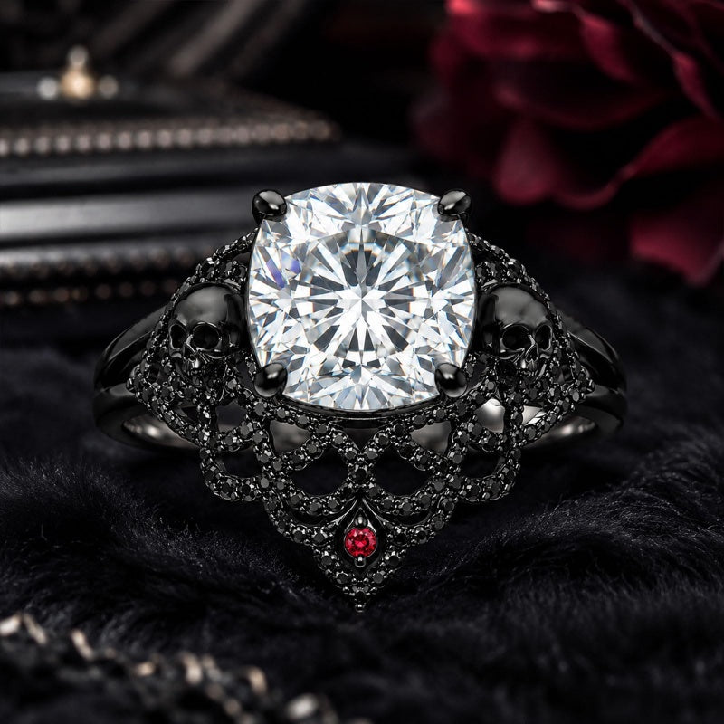 Sterling Silver 10K 14K 18K Gold Moissanite Gothic Black  Engagement Wedding Ring  for Women