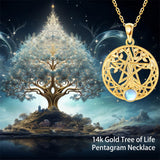 10K 14K 18K Yellow Gold Moonstone Pentagram Tree of Life Pendant Necklace