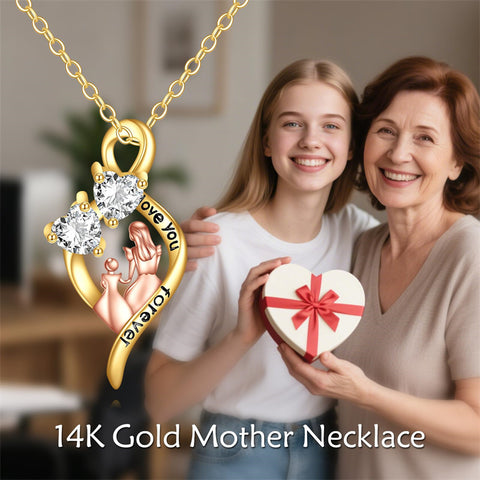 10K 14K 18K Yellow Gold Cubic Zirconia Infinity Mother Daughter Pendant Necklace for Women