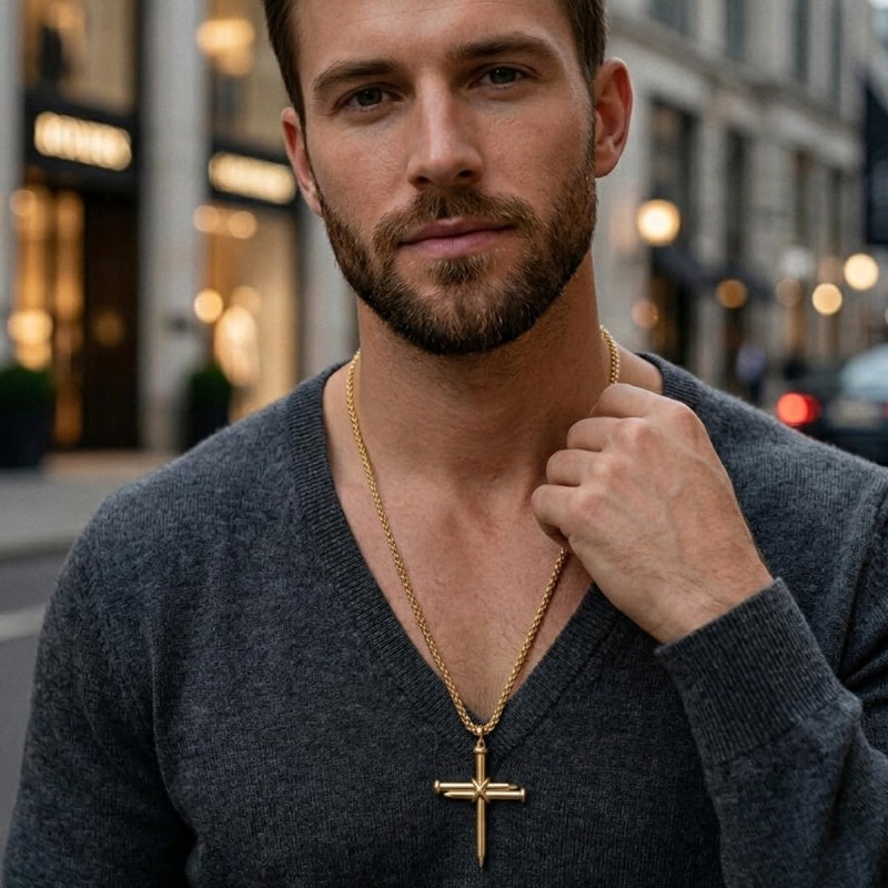14K Gold Plated Cross Pendant Necklace for Men Faith Religious Jewelry
