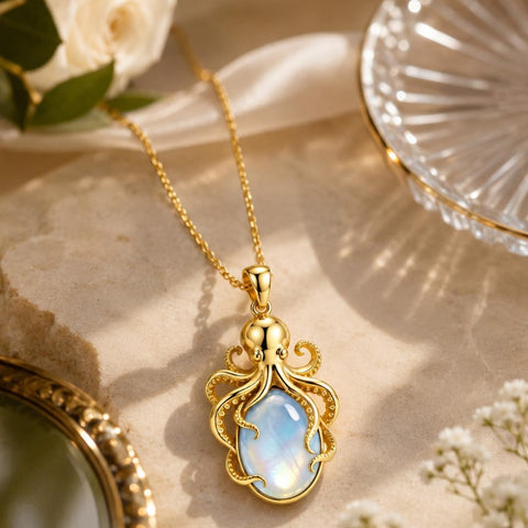 14K Gold Plated Moonstone Octopus Sea Turtle Conch Shell Starfish Seashell Ocean Necklace for Women