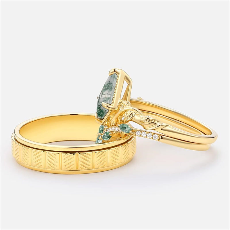 Sterling Silver10K 14K 18K Gold Natural Moss Agate Branch Leafy Engagement Ring Set For Couples