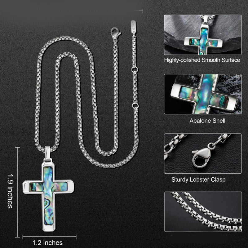 14K Gold Plated Wooden Abalone Shell Cross Pendant Necklacefor Men
