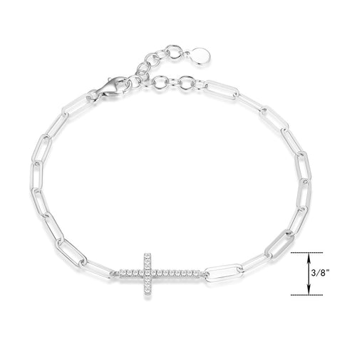 Sterling Silver Cubic Zirconia Horizontal Cross Paperclip Chain Bracelet