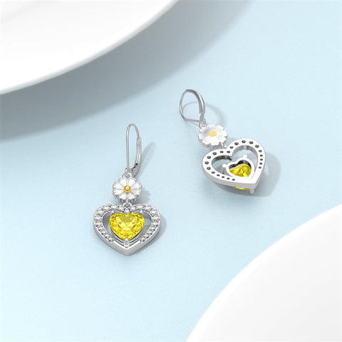 Sterling Silver Heart Cubic Zirconia Sunflower Rose Daisy Lily Lotus Hibiscus Dangle Earrings