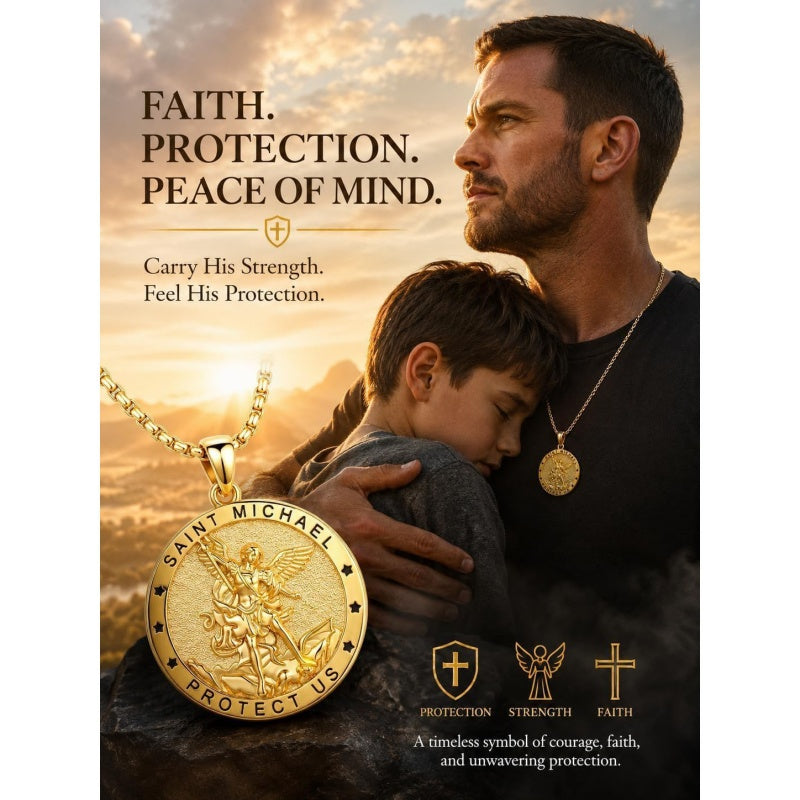 14K Gold Plated Saint Medal Christian  Pendant Necklace for Men