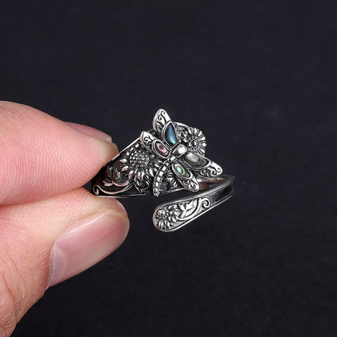 Sterling Silver Dragonfly Ring Butterfly Ring Hummingbird Spoon Ring Oxidized Animal Adjustable Ring for Women