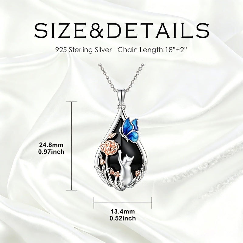 Sterling Silver Obsidian Bunny Cat Elephant Dog Fox Teardrop Pendant Necklace