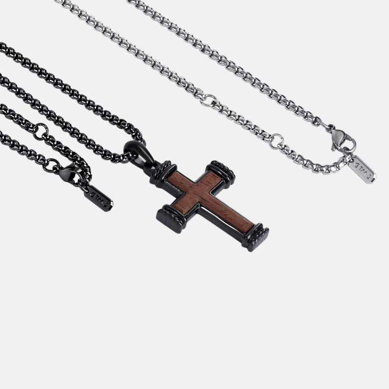 14K Gold Plated Wooden Abalone Shell Cross Pendant Necklacefor Men
