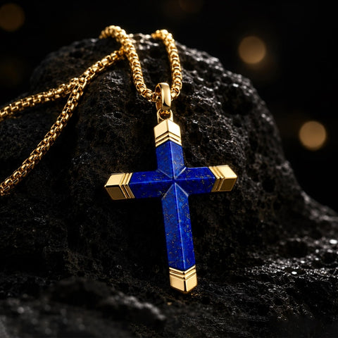 14K Gold Plated Turquoise Lapis Lazuli Cross Necklace for Men with Adjustable Chain