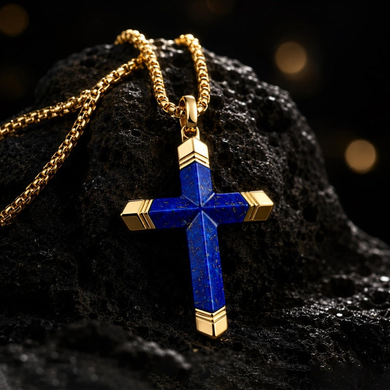 14K Gold Plated Turquoise Lapis Lazuli Cross Necklace for Men with Adjustable Chain