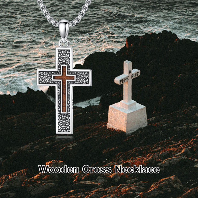 Sterling Silver Wooden Lion Orthodox Sword Wolf Cross Pendant Necklace