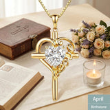 14K Gold  Plated Heart Shape Birthstone  Love Cross Necklace for Women Religious Jewelry