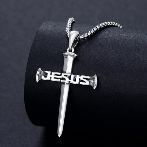 Sterling Silver  Nail Cross Jesus Pendant Necklace