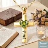 14K Gold Plated Heart Birthstone Cross Necklace for Women Engraved with Faith