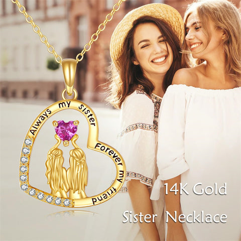 14K Yellow Gold Heart Sister Pendant Necklace