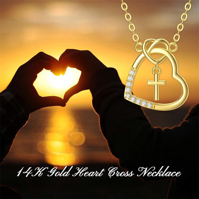 14K Real Gold Heart Necklace for Women,God in My Heart Faith Hope  Love,Yellow/White Gold Cross Heart Pendant Necklace with Cubic Zirconia