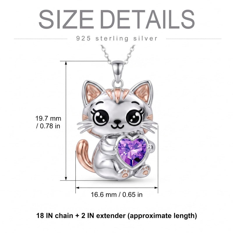 Sterling Silver 12 Month Birthstone Cat Pendant Necklace Birthstone Jewelry Gifts for Birthday