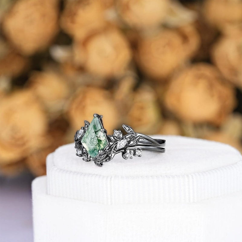 Sterling Silver 2CT Moss Agate  Engagement Wedding Ring Sets for Women