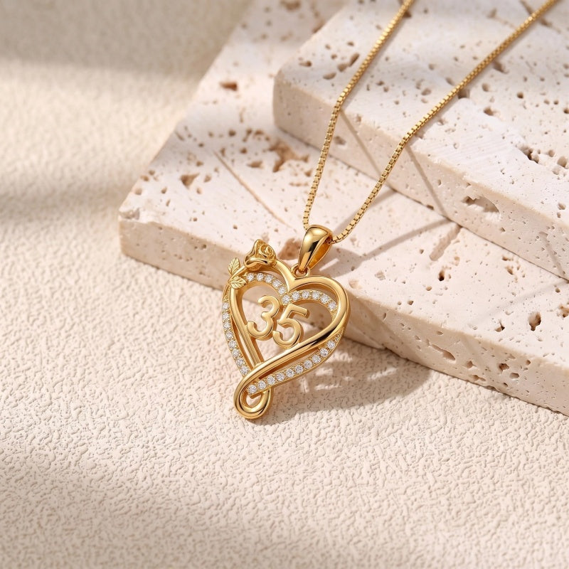 14K Gold  Plated Birthday Anniversary Rose Heart Pendant Necklace for Women