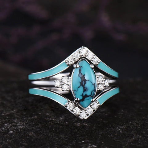 Sterling Silver 10K 14K 18K Gold Turquoise Engagement  Wedding Ring Set for Women
