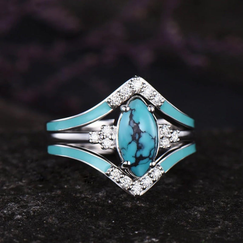 Sterling Silver 10K 14K 18K Gold Turquoise Engagement  Wedding Ring Set for Women