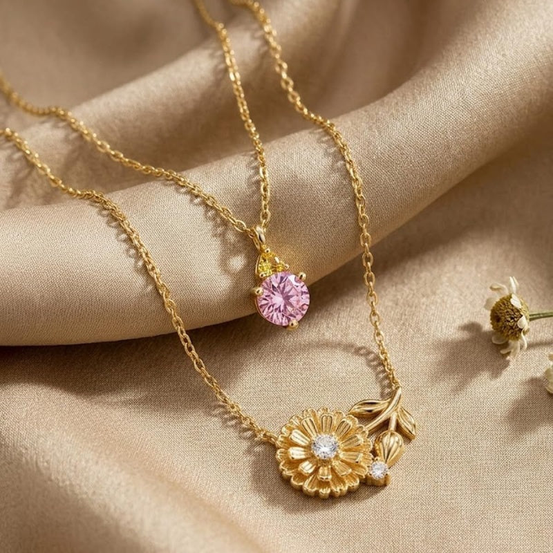 14K Gold Birthstone Birth Flower  Pendant Necklace Birthday Jewelry Gifts for Women