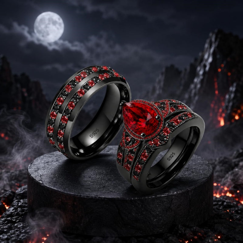Sterling Silver 10K 14K 18K Gold Personalized Engraved  Halloween Dark Red Gemstone Couple Ring Set