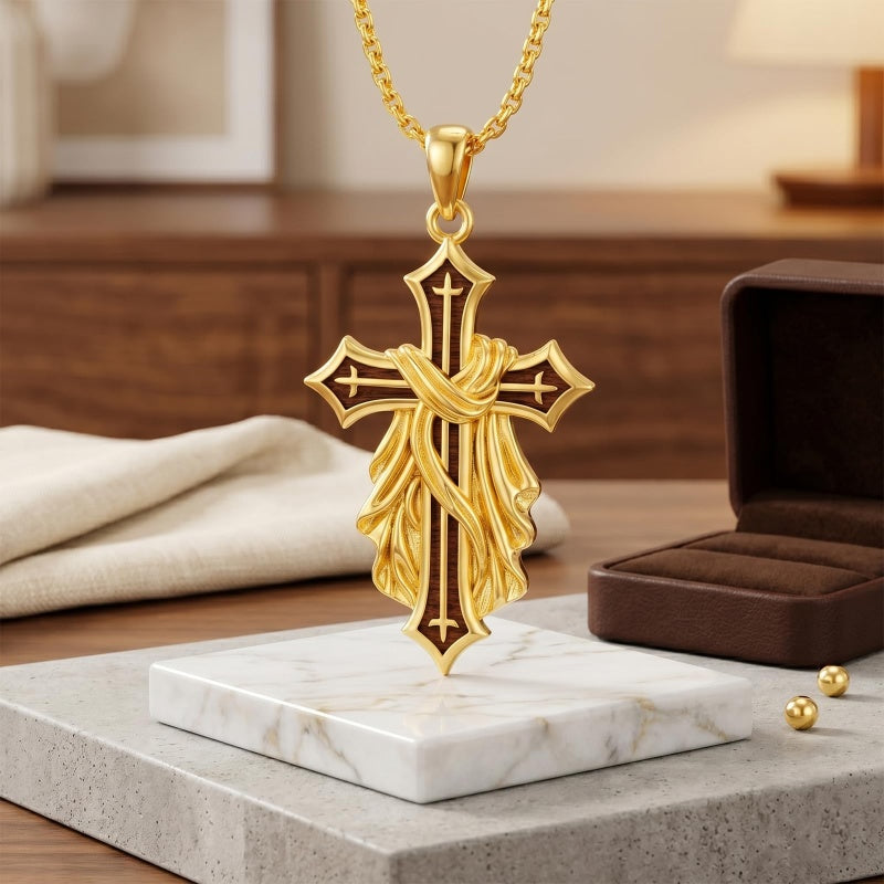 14K Gold Plated Wooden Cross Pendant Necklace Christian Catholic Jewelry Religious Gift