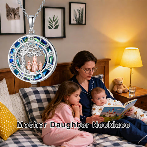Sterling Silver Blue Crystal Tree of Life Father Daughter Mother Daughter Sister Pendant Necklace