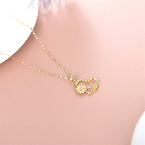 14K Gold Sunflower Heart Pendant Necklace