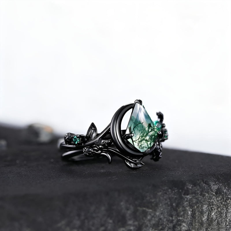 Sterling Silver 2CT Moss Agate  Engagement Wedding Ring Sets for Women