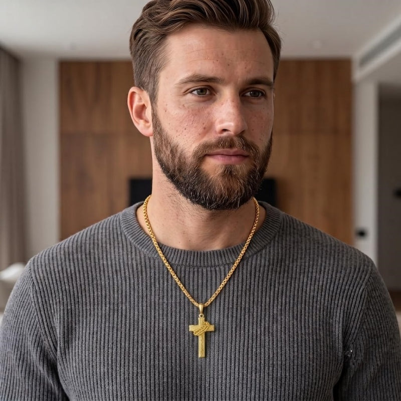 14K Gold Plated Cross Pendant Necklace for Men Religious Jewelry Christian Gift