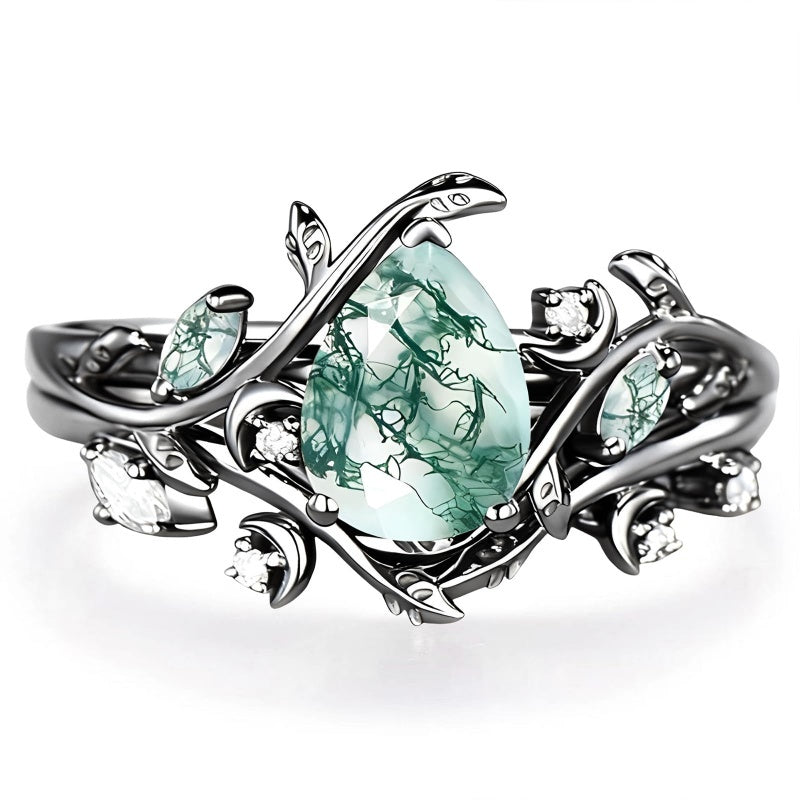 Sterling Silver 2CT Moss Agate  Engagement Wedding Ring Sets for Women