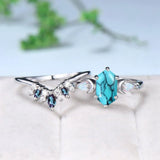 Sterling Silver 10K 14K 18K Gold Turquoise Engagement  Wedding Ring Set for Women