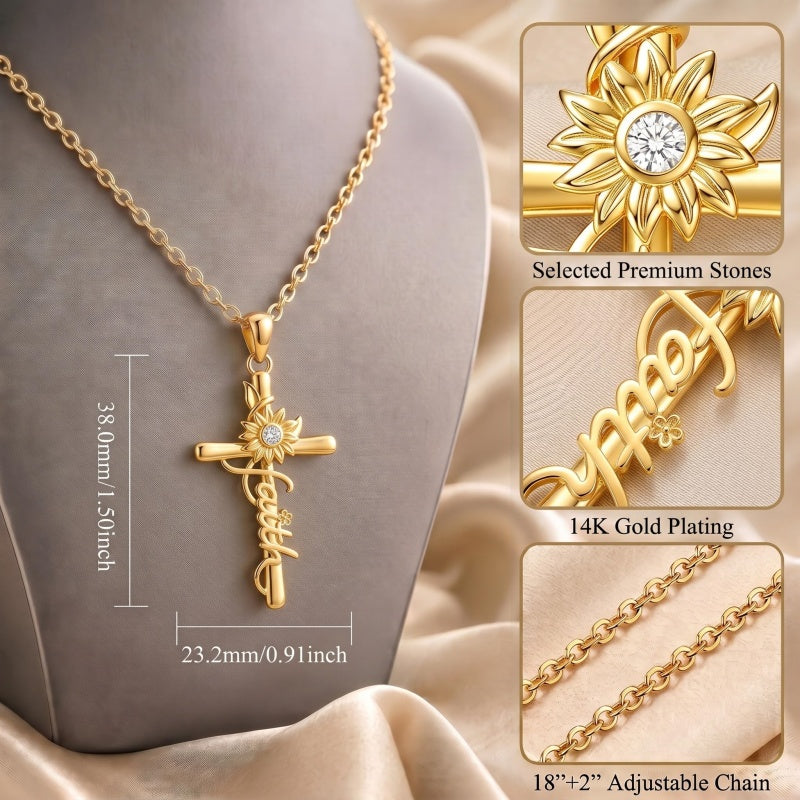 14K Gold Plated Faith Cross Pendant Necklace Religious Gifts for Women