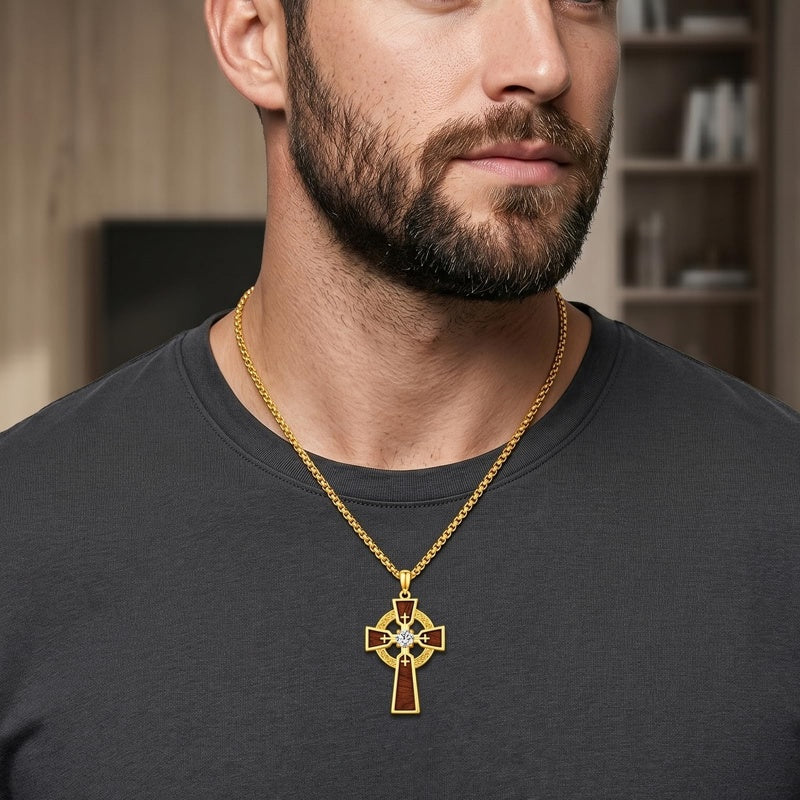 Wood 14K Gold Plated Cross Pendant Necklace