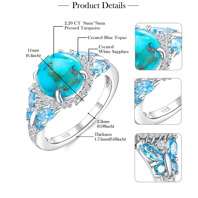 Sterling Silver Cushion Marquise Pear Round Oval Cut Turquoise Engagement Ring for Women