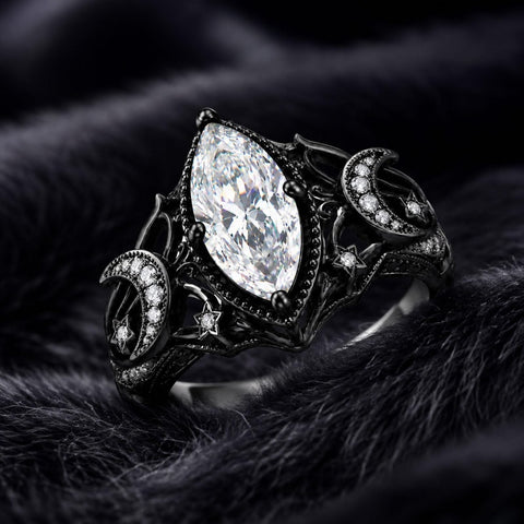 Sterling Silver 10K 14K 18K Gold Moissanite Gothic Black  Engagement Wedding Ring  for Women
