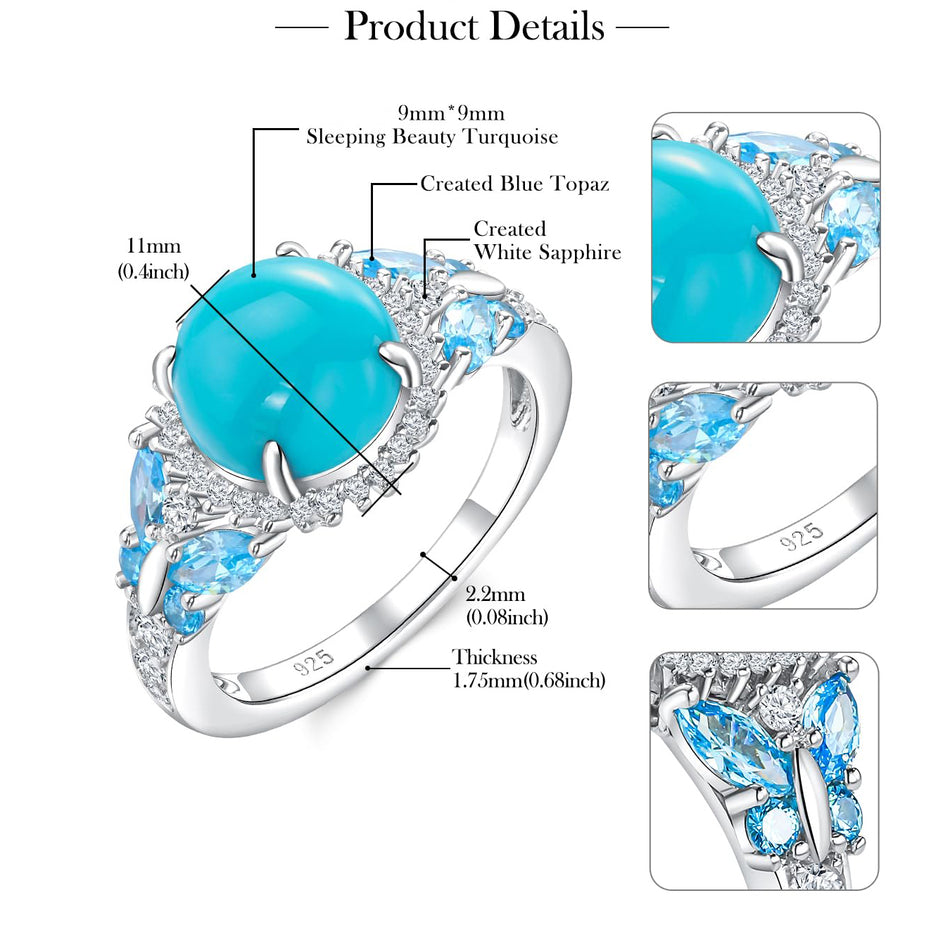 Sterling Silver Cushion Marquise Pear Round Oval Cut Turquoise Engagement Ring for Women