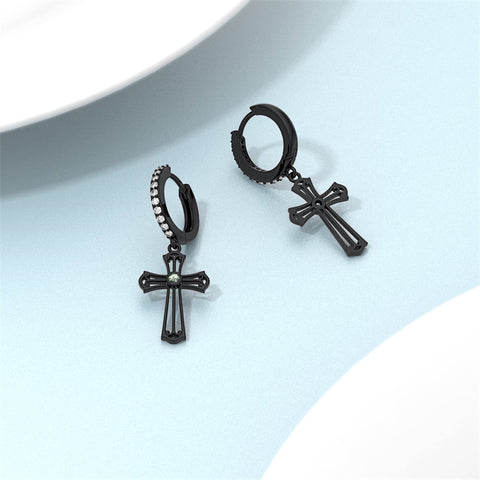Sterling Silver Black Sword Cross Hoop Earrings Gift for Men Women