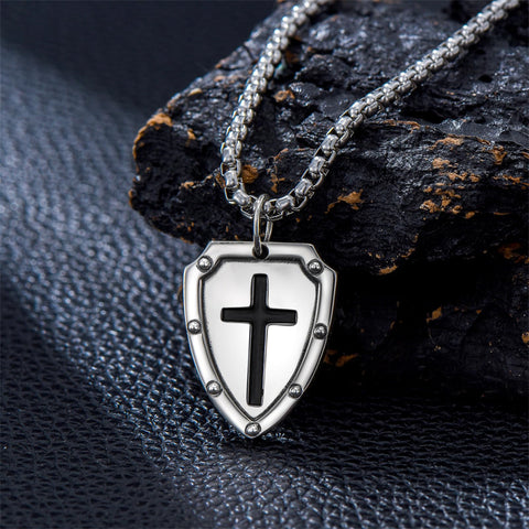 Sterling Silver Knights Templar & Cross Shield Pendant Necklace for Men