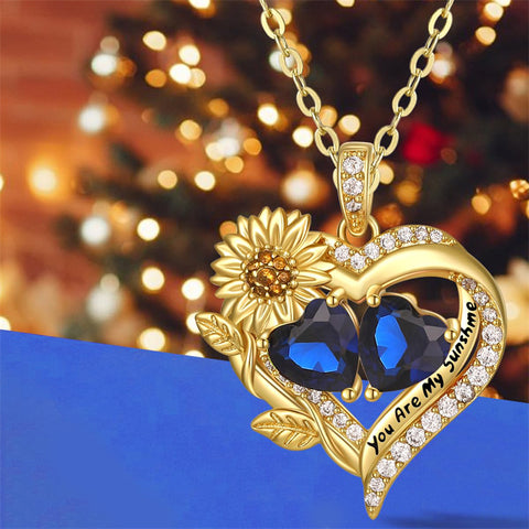 Sterling Sliver Birthstone Love Heart & Sunflower Pendant Necklace Engraved With You Are My Sunshine
